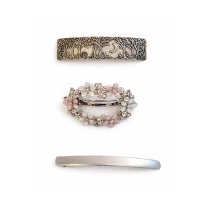 Silver Hair Barrette Set of 3 – Woodland Engraved Clip, Floral Rhinestones